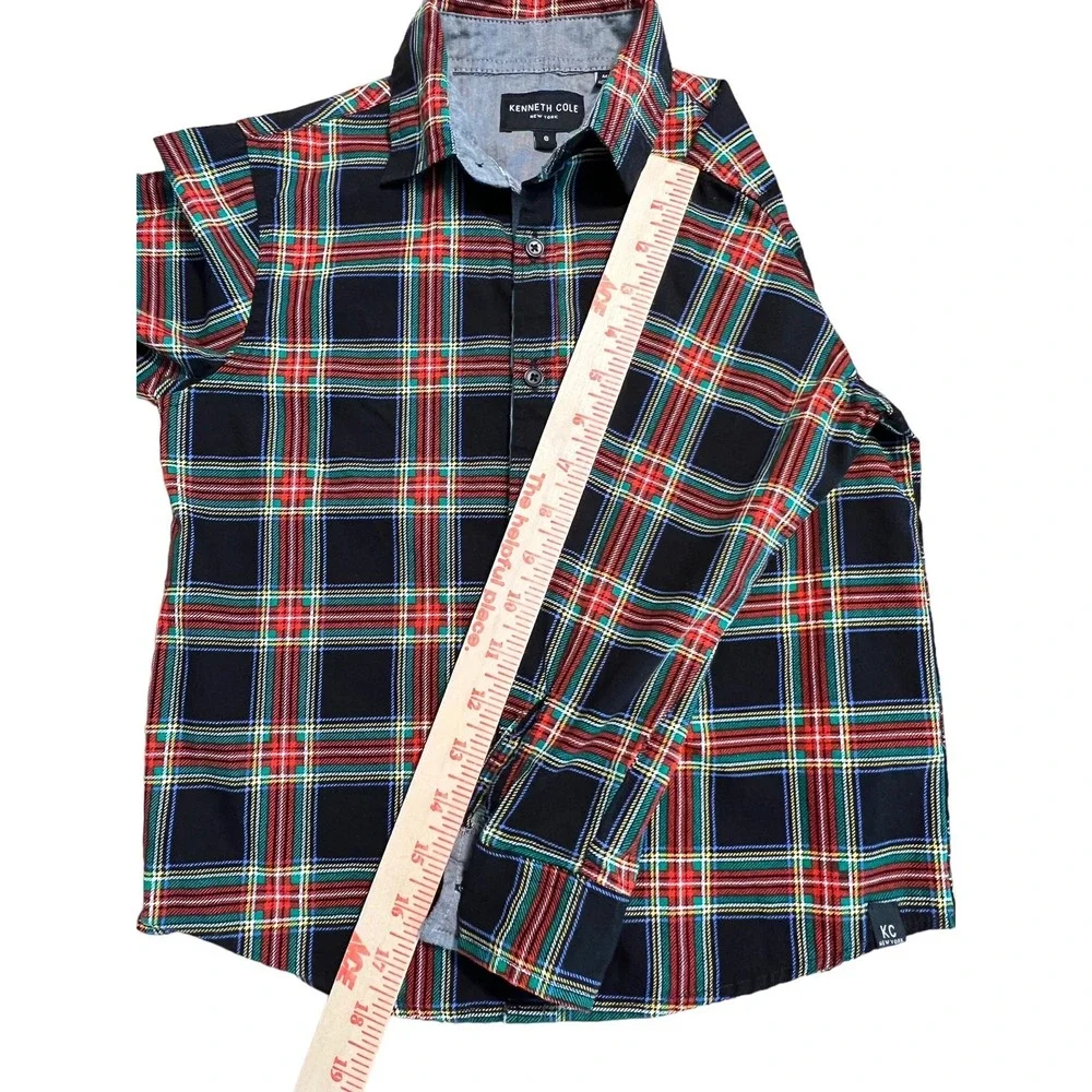 Kenneth Cole Trartan Plaid Button Down Shirt Boys 6 Black Red Green Prep Holiday